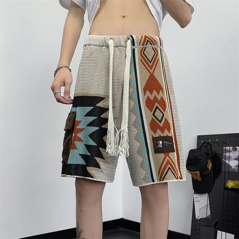 

Summer Totem Knitted Shorts Men s Elastic Waist Casual Shorts with Corduroy Pocket Summer Beach Breathable Short Pants S бежевый