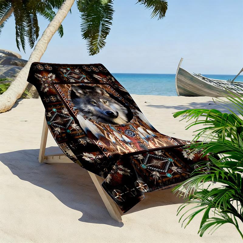 Native Indian Wolf Print Beach Towel, Large Soft Quick Dry Towel for Beach Camping Swimming