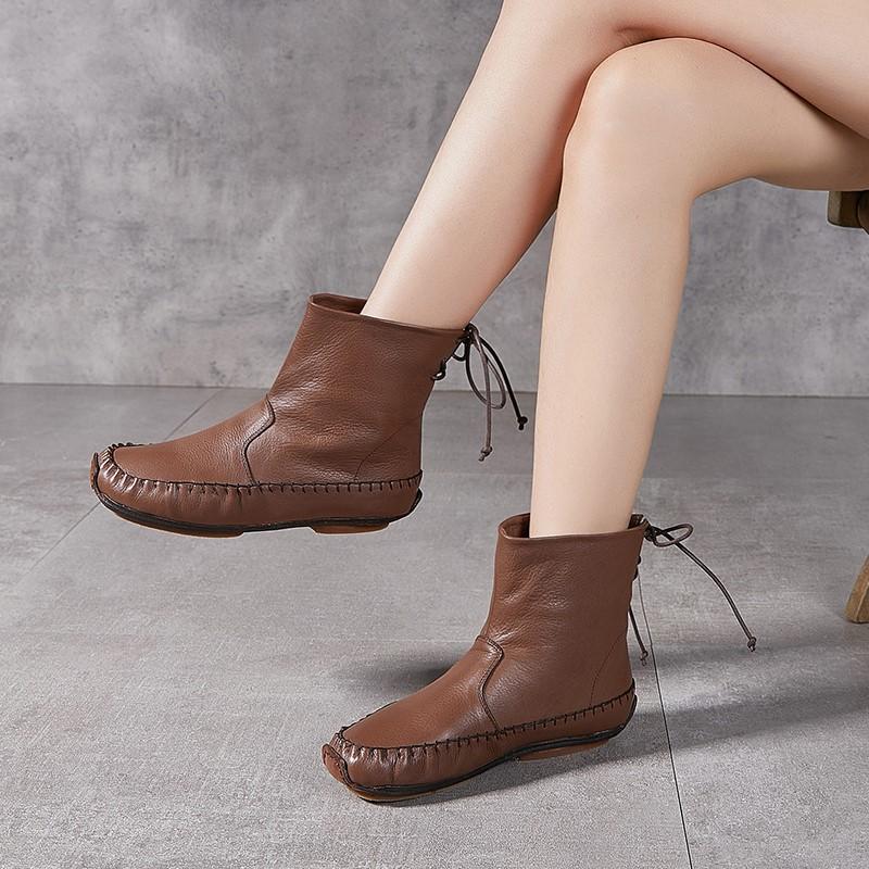 Johnature Handmade Sewing Genuine Leather Women's Boots Retro Warm Plush Flat Mid-calf Boots