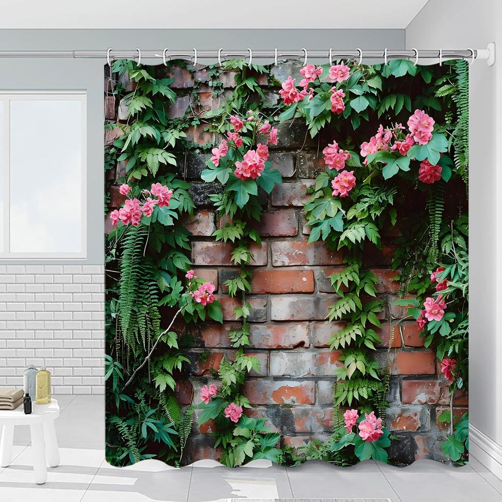 Green Vine Shower Curtain Flower Climbing Wall Plant Green Stone Wall European Rustic Scenery Nature Bathroom Decor Polyester