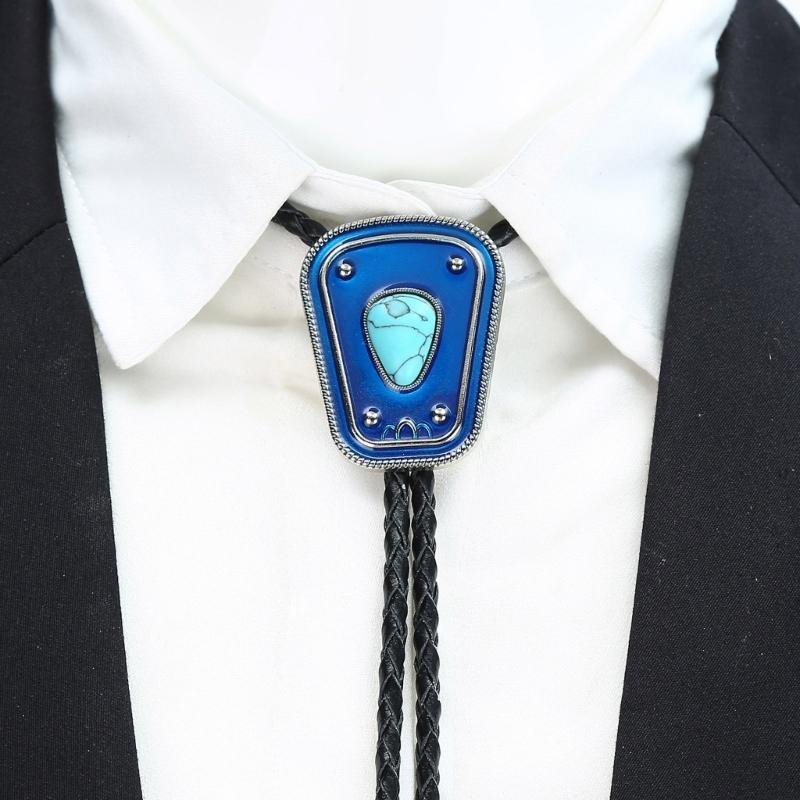 Men Women Bolo Tie Necktie Artificial Leather Braided Rope Necklace with Enamel Stone Pendant Jewelry Cowboy Neckwear