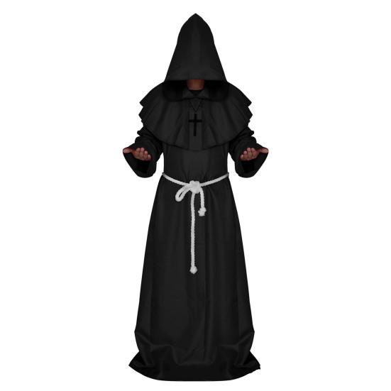 Friar Medieval Hooded Robe Monk Renaissance Priest Costume Halloween Wizard Sorcerer Cosplay Cloak for Adults