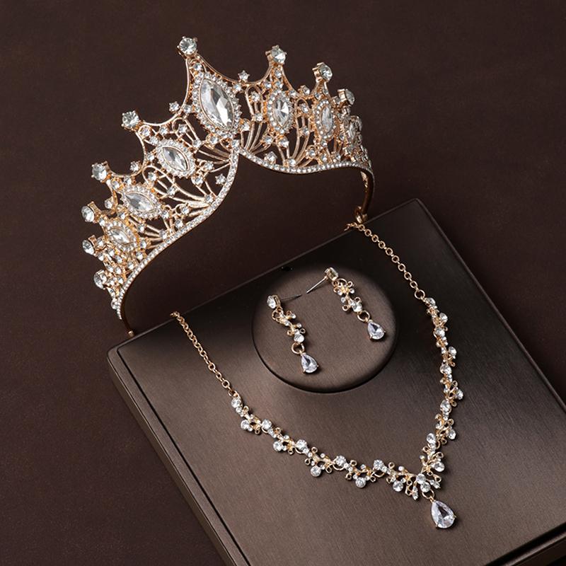 Baroque Gold  Crown Necklace Princess Tiara Headband Queen Birthday Wedding Party Jewerly Set Gift
