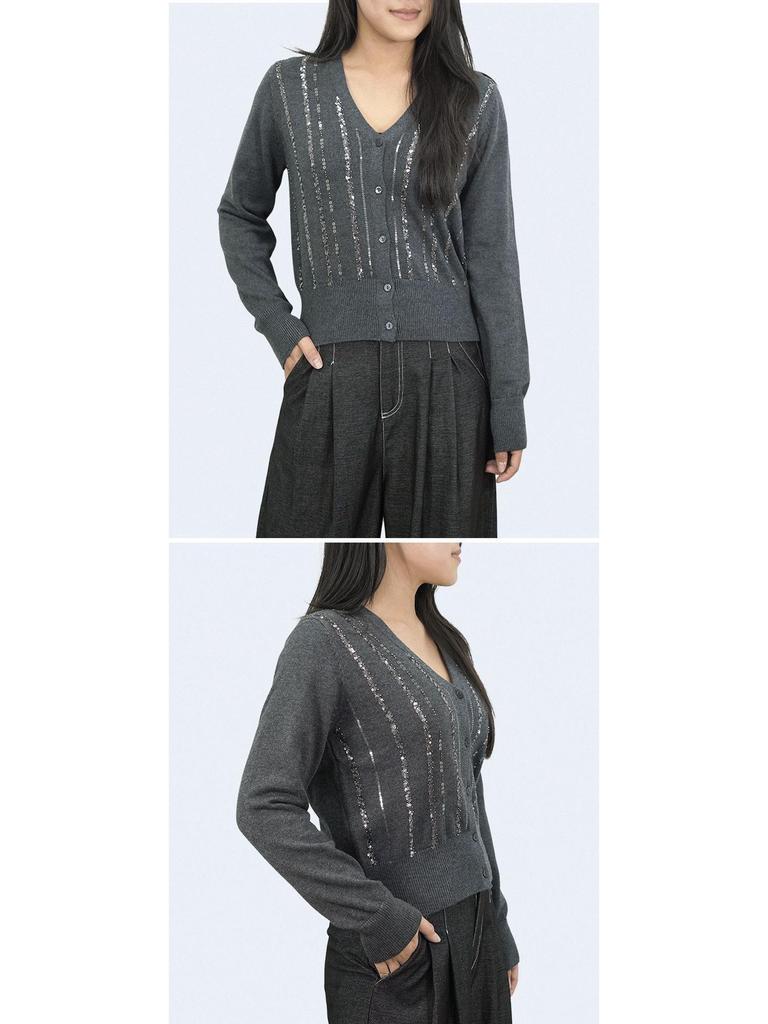 Nanyou Sequin Knit Cardigan - Women's Spring/Autumn Long Sleeve Wool Sweater