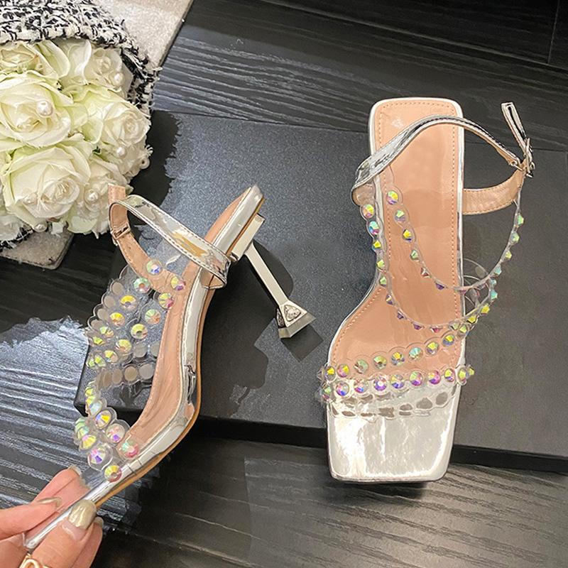 Mode Rosa Ankelsko Konstiga Höga Klackar Fest Bröllop Strass Sandaler För Kvinnor Fyrkantig Tå Pvc Genomskinliga Skor