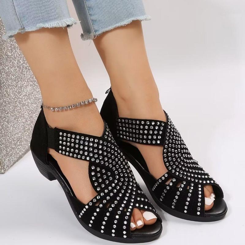 Summer New Women's Peep Toe High Heel Sandals Cross Rhinestone Back Zipper Roman Plus Size Sandals