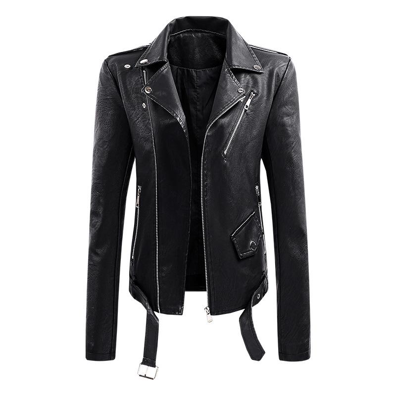 European Spring Women's Short Leather Motorcycle Jacket with Lapel Collar