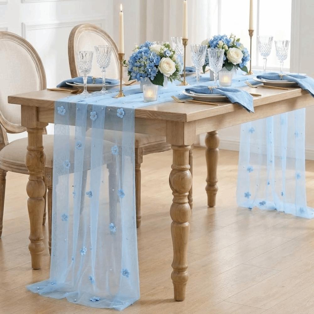 3D Flower Pearl Table Runner Romantic Multi-color Wedding Table Runner Semi-Transparent Vintage Tulle Table Runner Baby Shower