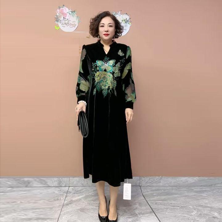 High-end Women's Velvet Dress Plus Size Long Dress Rhinestone Printed Loose Flocked A-Line Dress Spring Autumn