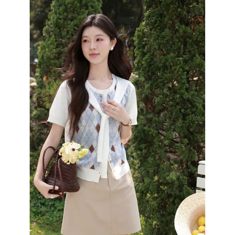 

Lixiangnan Women s Blue Argyle Collar Short-Sleeve Knit Top M