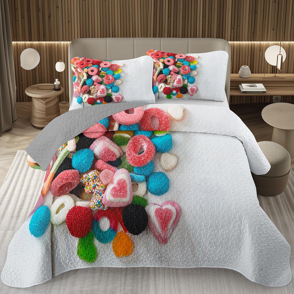 Søtt godteri dynesett for jenter gutter tenåringer, Lollipop-tema sengeteppe sett King dessert quiltet overkast tegneseriestil sengetøy