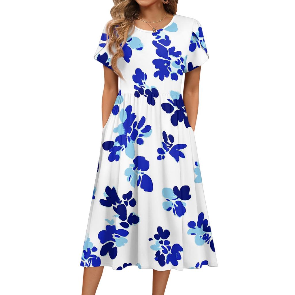 Damenmode Sommer Rundhals Kurzarm Blumendruck Strandkleider