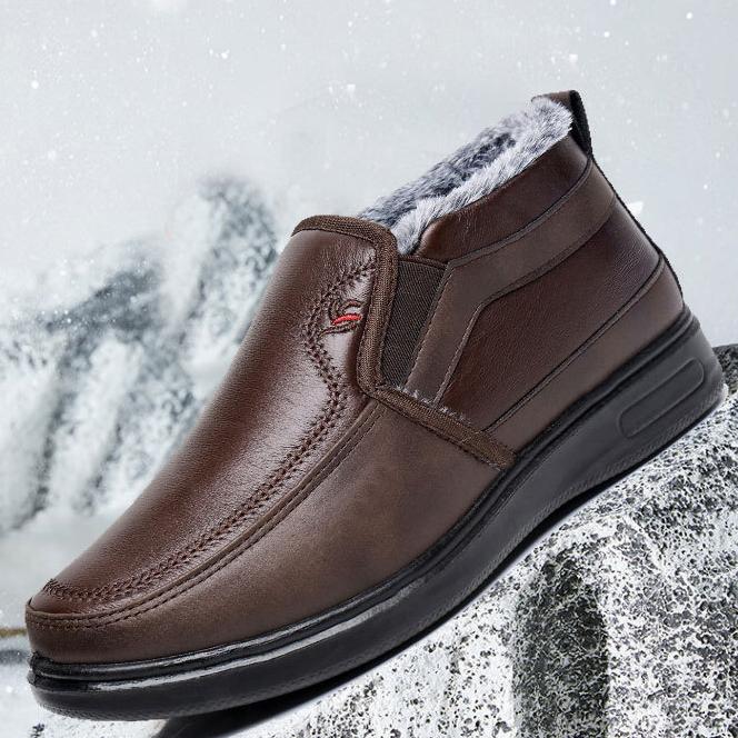 Fashion Warm Man Shoes Winter Snow Boots Faux Leather Fur Lined Shoes Elder Men's Flat Ankle Plush Boots Mid Top Waterproof Shoes