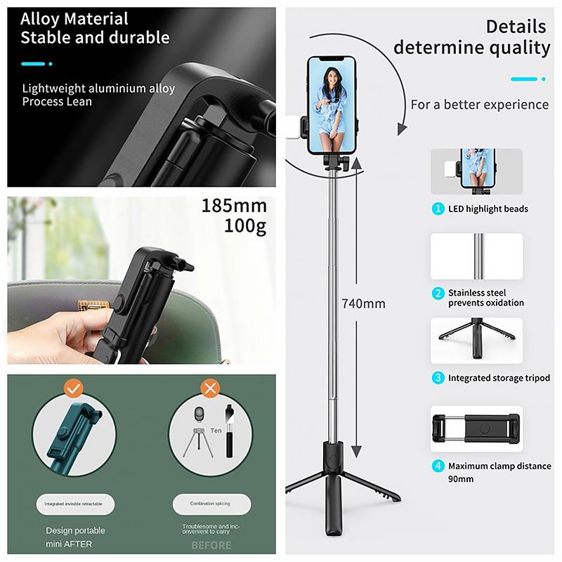 H1 Wireless Bluetooth Selfie Stick Tripod Monopod Stand Phone Holder for Outdoor Travel 3 IN 1
