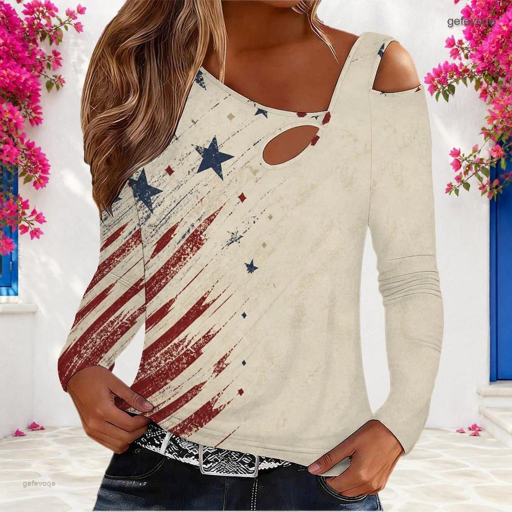 Women Plus Size Beige Red Navy Star Stripe Printed Asymmetric Cutout Cold Shoulder Long Sleeve Fitted Top