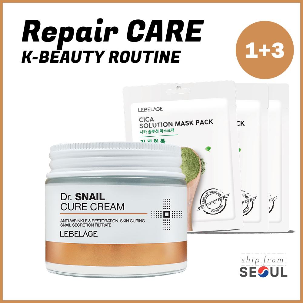 

[+3 FREE Masks] Dr. Cure K-Beauty Clinic Cream (70ml) - Snail, Cica, Collagen Daily Face Moisturizer by Lebelage [Repair] Snail Cream + 3 Masks