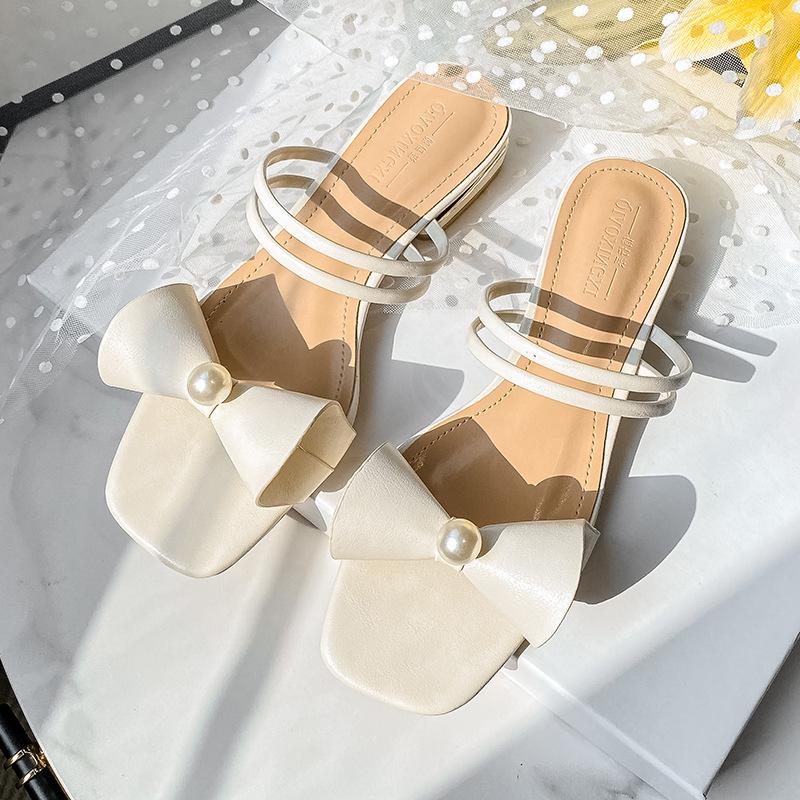 

Новые летние тапочки для женщин, модная дизайнерская одежда с бантом, повседневные сандалии, уличная обувь на низком каблуке, большой размер