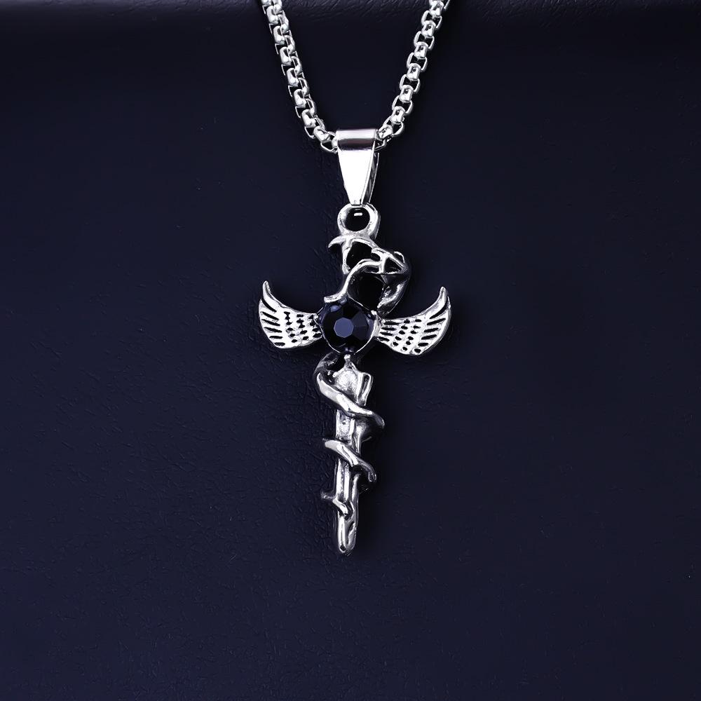 European Viking Titanium Steel Rune Necklace with Stainless Steel Spearhead and Compass Pendant