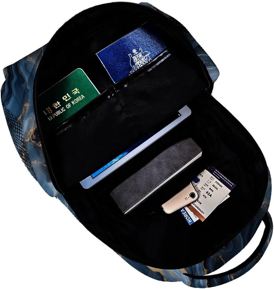 Abstract Marble Backpack,Elegant Blue & Gold Swirl Polyester Backpacks,Lightweight Double Shoulder Back Pack For Adult Teens,Sty