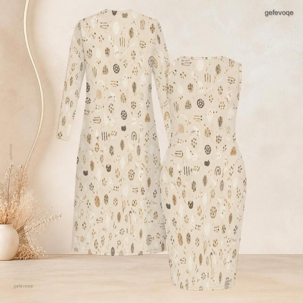 Women Plus Size Geometric Printed Two Piece Set Long Sleeve Open Front Cardigan Sleeveless Bodycon Dress
