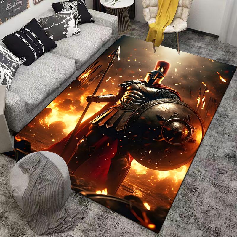 Warrior Rug with Gladiator Design and Flames Suitable for use as an anti-slip game mat for living room and bedroom sofas