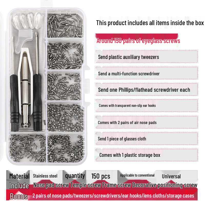 Eyeglass Repair Kit: Screwdriver Set, Nail Cutter, Nose Pads, Frameless Accessories