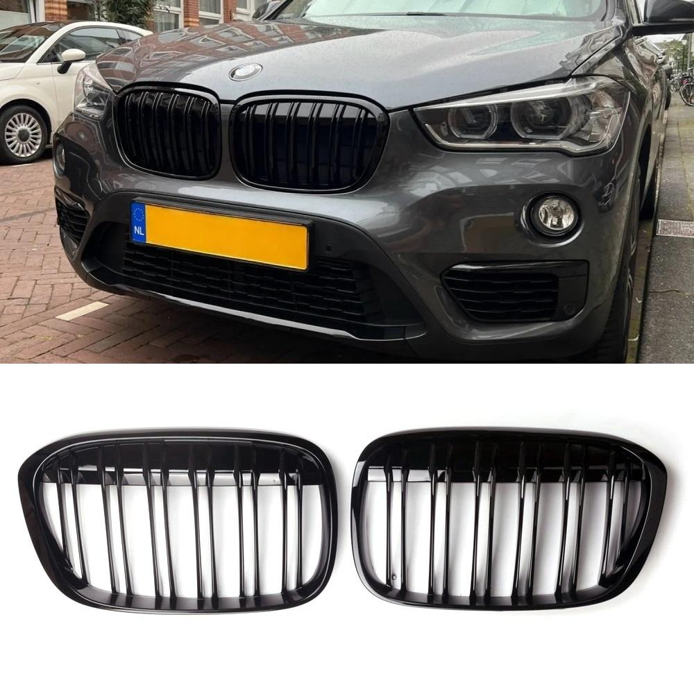Doppellinie Auto Frontstoßstange Nierengrill Gitter Für BMW X1 F48 F49 2016 2017 2018 2019 2020 M Style Racing Grille Glänzend Schwarz