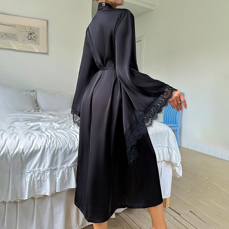 Satin Pajamas Lace Light Luxury Long-sleeved Cool Nightgown Bathrobe Loungewear