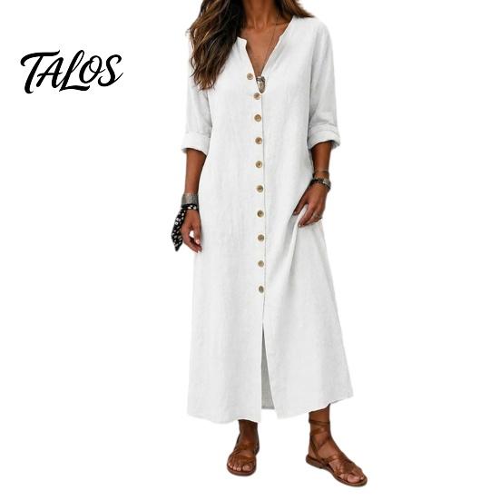 Soft Fabric Dress Women's Summer Button Down Long Dress, Casual Loose V Versatile Women Neck Tunic Roll Up Sleeve Vacation Lounge Outfits Lightweight