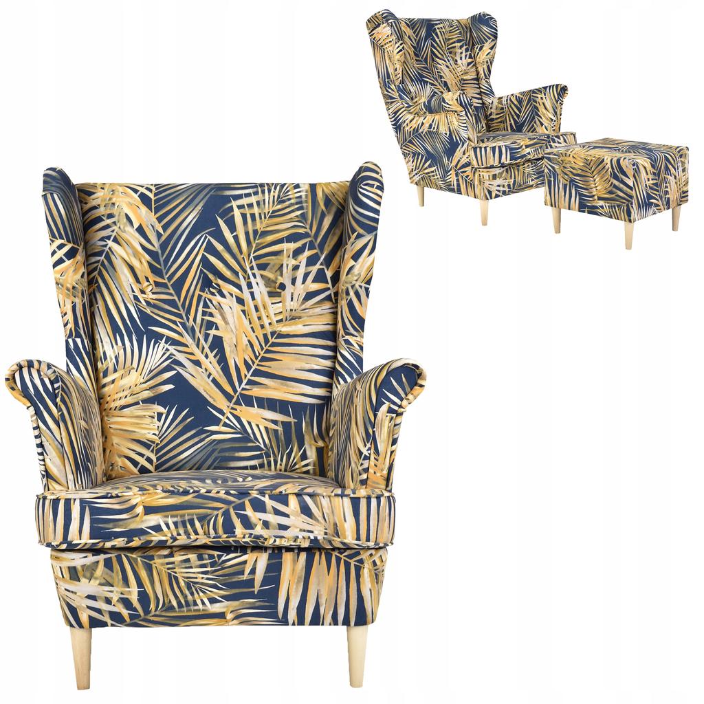 Křeslo ušák ARI PRINT s podnožkou, skandinávský Family Meble BOHO