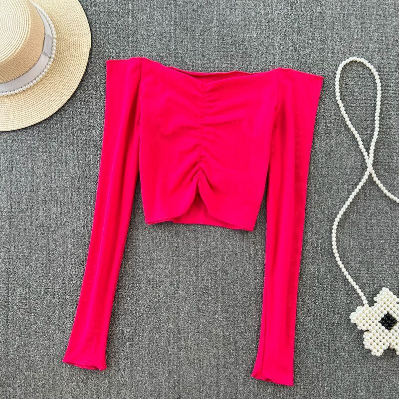 

Sneaky Design off-the-Shoulder Ruched Casual Short Tops T-shirt Pitaya All yards