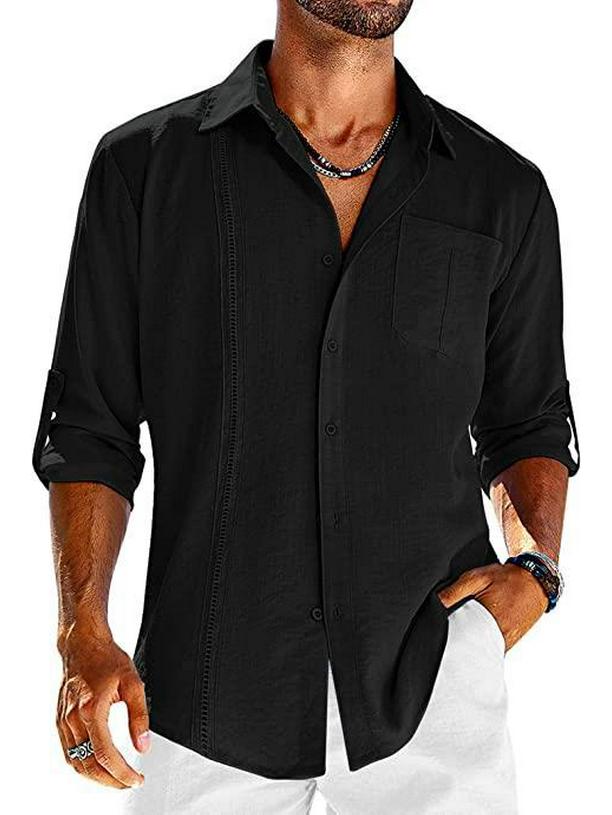 

Мужская летняя приталенная льняная рубашка с кружевным лацканом - Длинный рукав, однотонная L чёрный