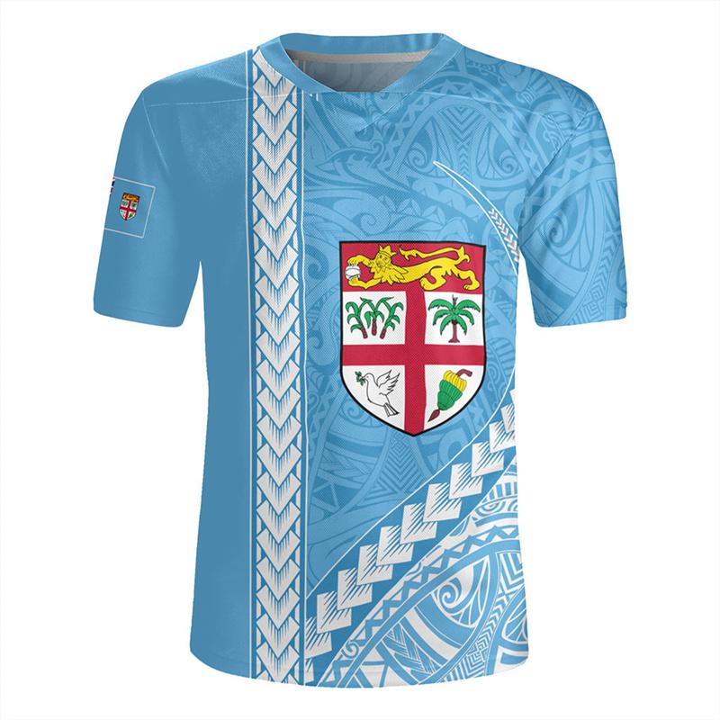 The Republic-of Fiji Flag 3D Printing V Neck T Shirt Fiji Rugby-Jersey Emblem Graphic V neck
