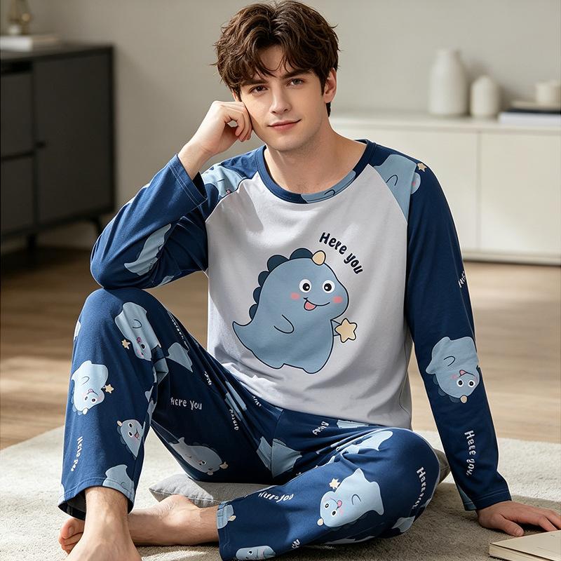 Men's pajamas men's spring and autumn casual round neck long-sleeved suit large size loose men's loungewear
