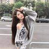 Women's Oversized Gray Off-Shoulder Sweater with American Letter Print, Perfect for Early Autumn.