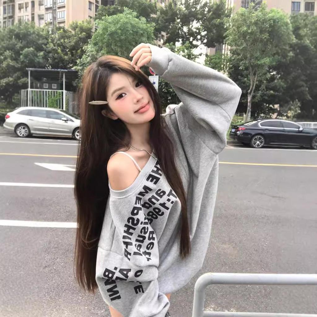 Women's Oversized Gray Off-Shoulder Sweater with American Letter Print, Perfect for Early Autumn.