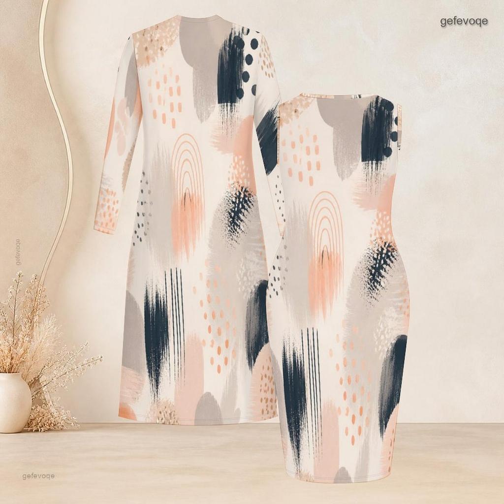 Women Plus Size Printed Two Piece Set Long Sleeve Open Front Cardigan Sleeveless Bodycon Dress