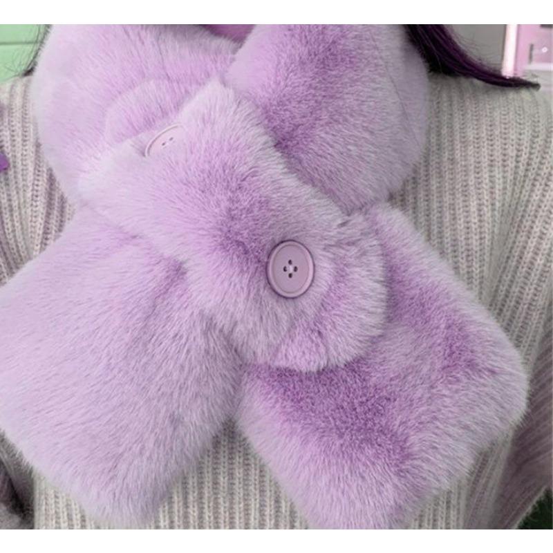 Furry Scarf Student Button Autumn and Winter Plush Girl Cross Warm Scarf Imitation Fur Rex Rabbit Fur Thickened Fur Collar