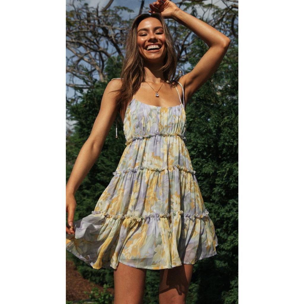Women's Square Neck Sleeveless Floral Print Tiered Mini Dress High Waist Casual Summer Sundress