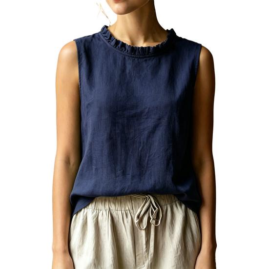 Damen Shirt Locker Geschnitten Ärmellos Rundhals Rüschenbesatz Lässige Oberteile Einfarbige Sommer Tanktops Tägliche Kleidung