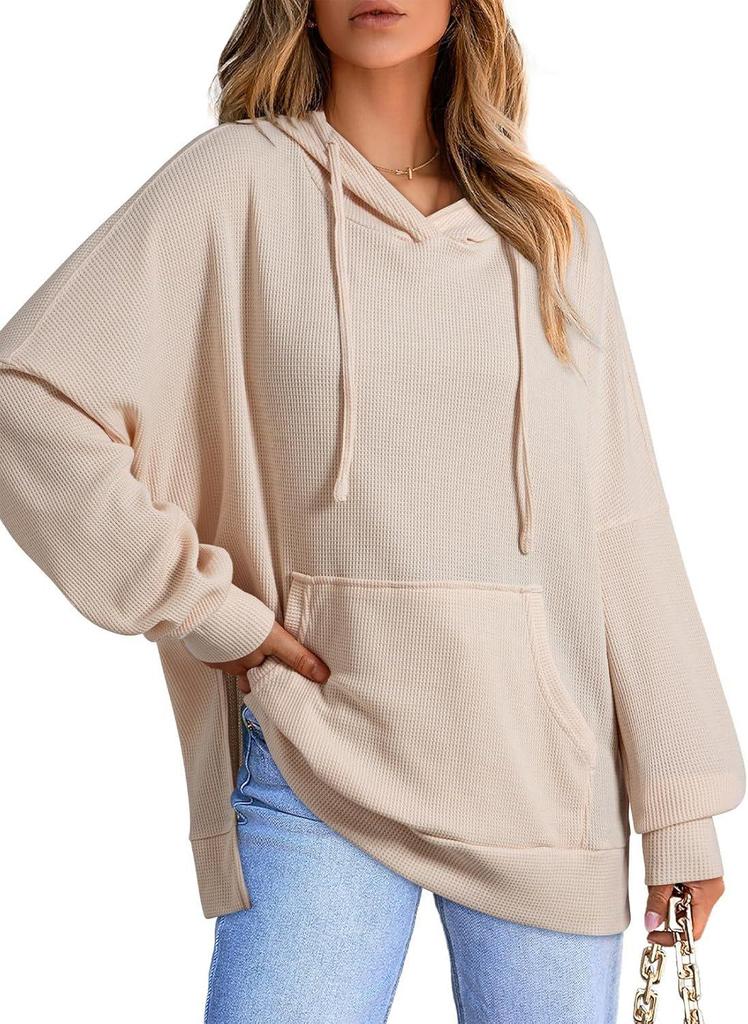 2024 Women's Hooded Waffle Knit Pullover Sweatshirt with Pocket, Long Sleeve, Autumn/Winter