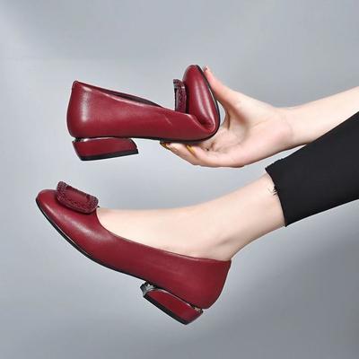 Women Pumps Med Heel Square Toe Pumps Office Lady Leather Shoes Soft Soles Slip On Shoes