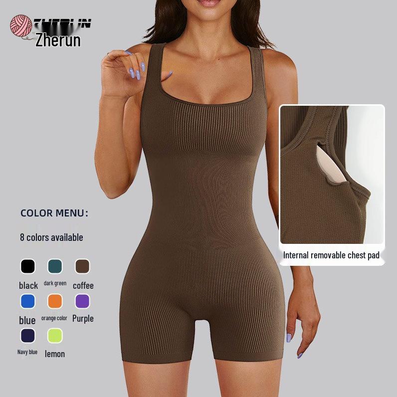 

Seamless Ribbed Yoga Bodysuit with Removable Pads and Tight Shorts S фіолетовий