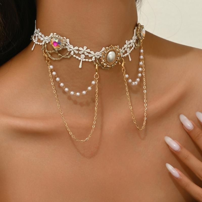 Stylish White Lace Collar Necklace Polyester Alloy Pearls Collarbone Chain Jewelry For Retro Look Any Occasion