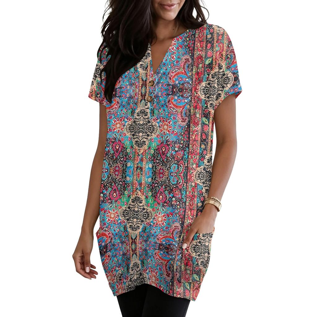 Women’s V Neck Vintage Floral Print Short Sleeve Pullover Top with Pockets Loose Fit Comfortable Design