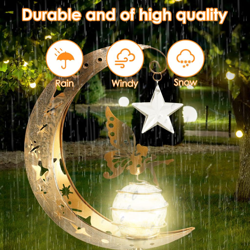 Solar Garden Lights Outdoor Moon Fairy Pentagram Glass Lights Waterproof White LED Iron Decorative Lights Pathway Butterfly