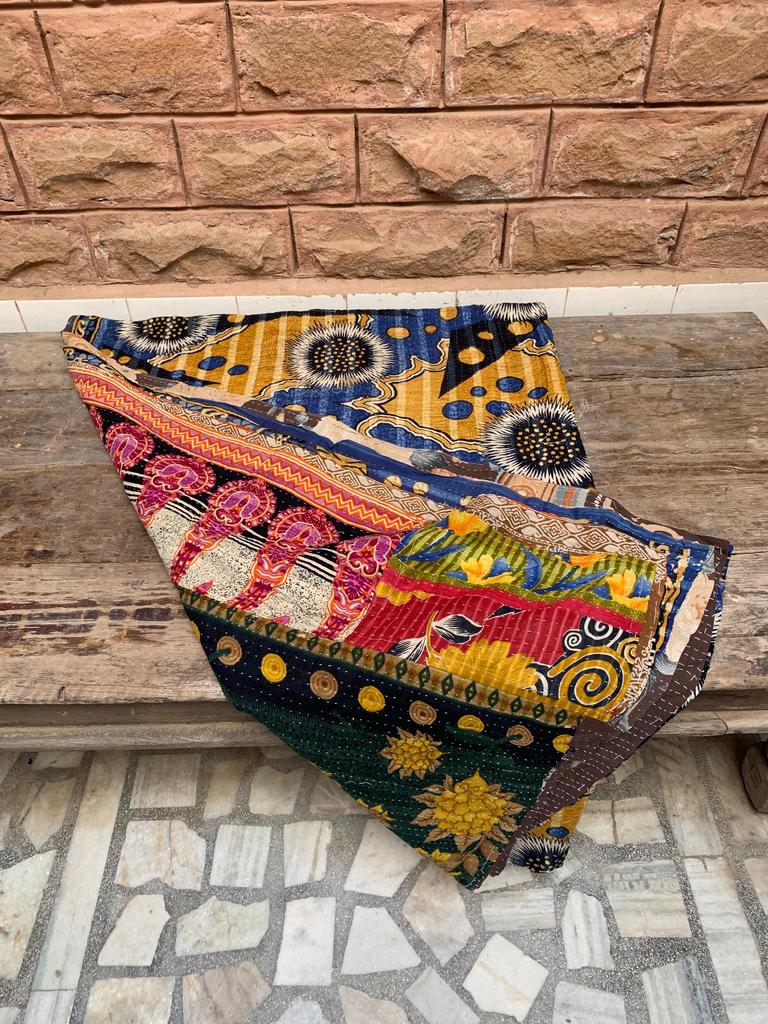 Vintage Kantha Quilt: Abstract Boho Patchwork Throw Blanket