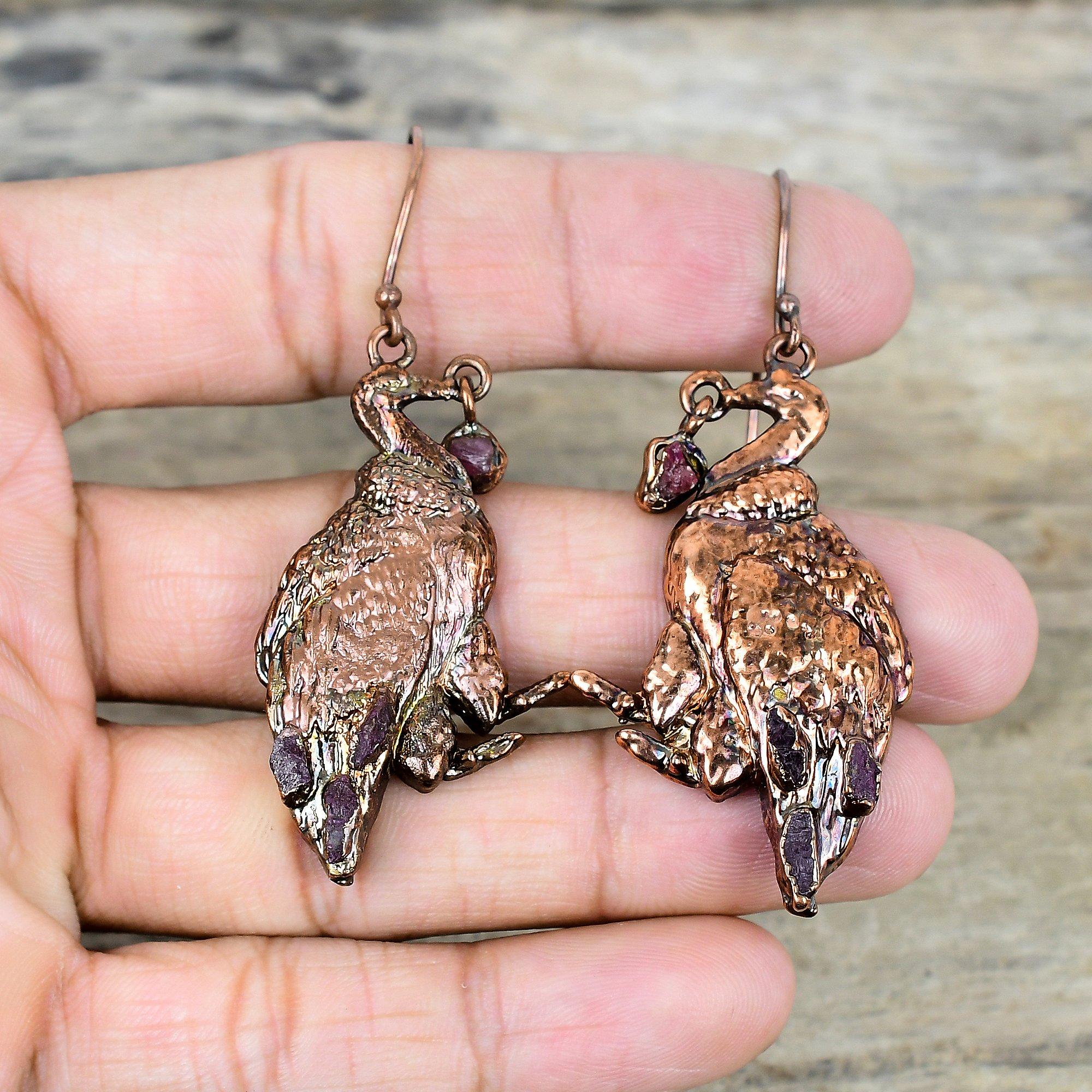 

Pink tourmaline rough gemstone earring electroformed copper earring peacock earrings copper jewelry gifts for mom handmade brand new earring