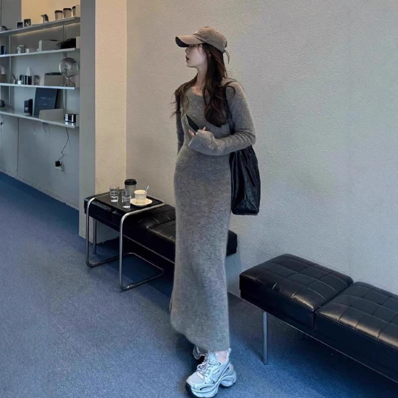 Tall knitted dress new inner bottom hip skirt round neck horn sleeve temperament long dress