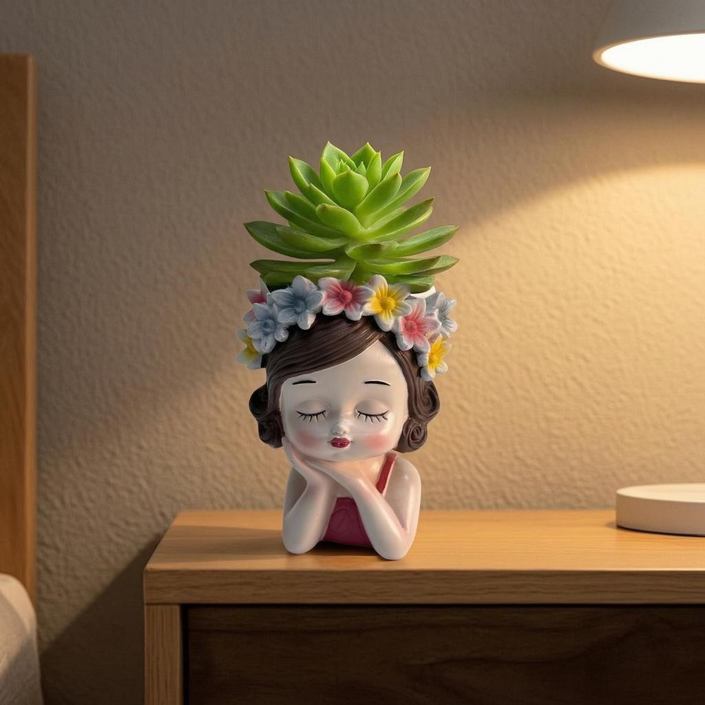 Girl Bust Flowerpot Indoor Head Planter Decorative with Flower Crown for Plant Lovers,